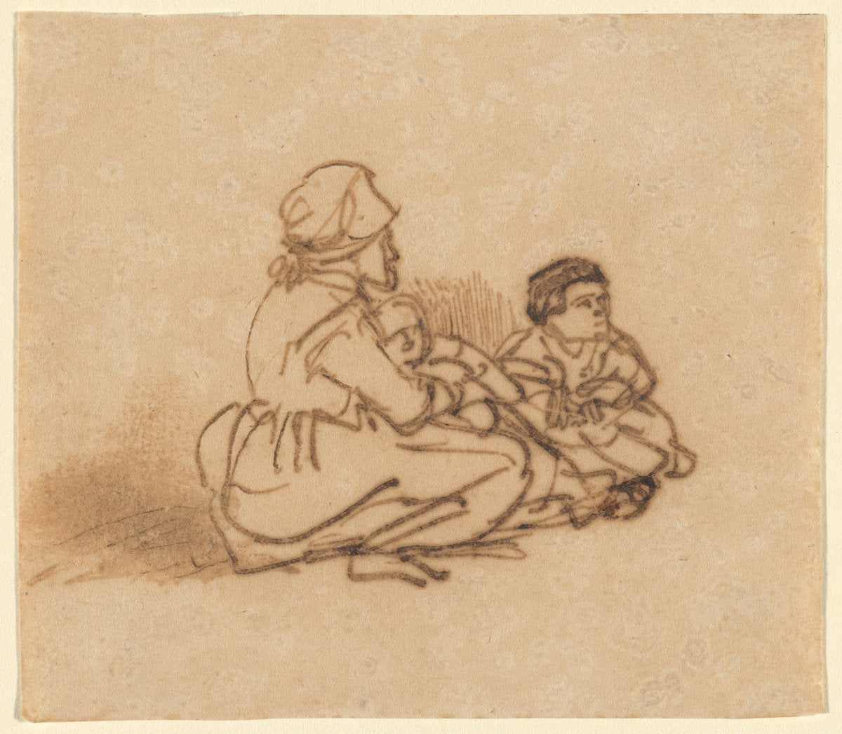 Woman Seated on the Ground with Two Children by Rembrandt van Rijn (Dutch, 1606 - 1669), 16X12"(A3)Poster Print