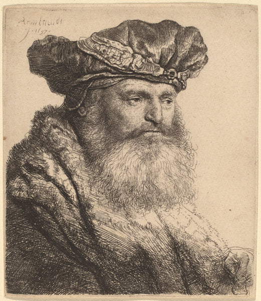 Bearded Man in a Velvet Cap with a Jewel Clasp by Rembrandt van Rijn (Dutch, 1606 - 1669), 16X12"(A3)Poster Print