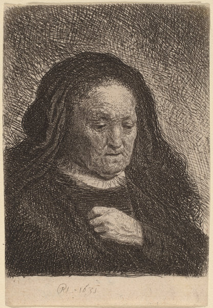 The Artist's Mother with Her Hand on Her Chest by Rembrandt van Rijn (Dutch, 1606 - 1669), 16X12"(A3)Poster Print