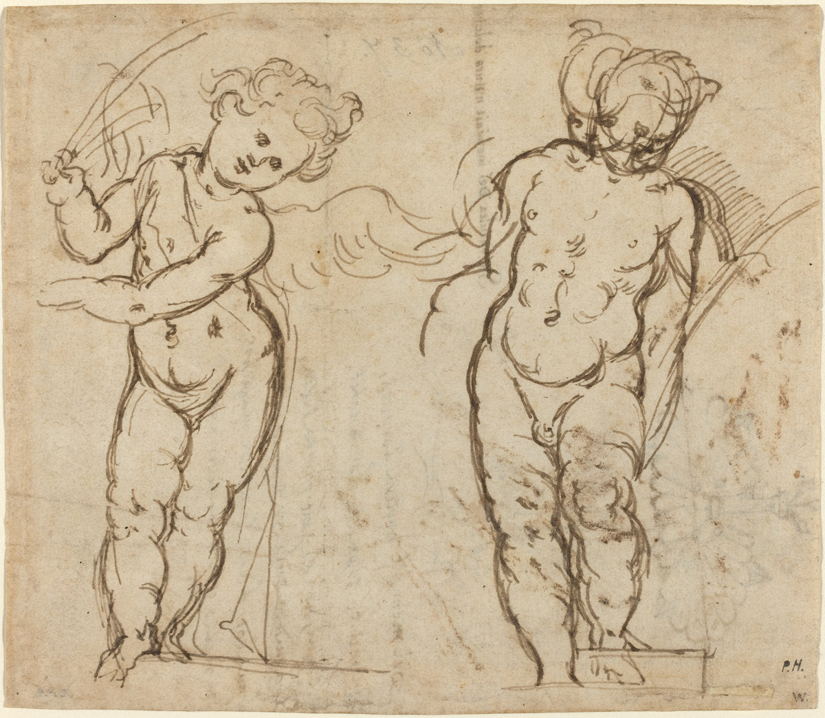 pen and brown ink on laid paper by Italian 17th Century (Two Standing Putti [recto]), 16X12"(A3)Poster Print