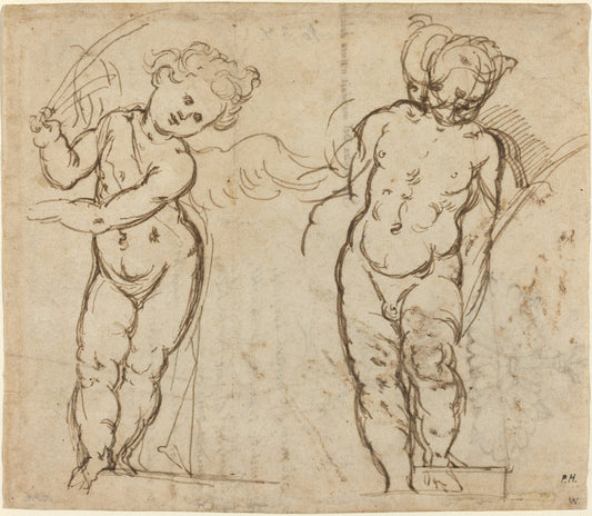 pen and brown ink on laid paper by Italian 17th Century (Two Standing Putti [recto]), 16X12"(A3)Poster Print