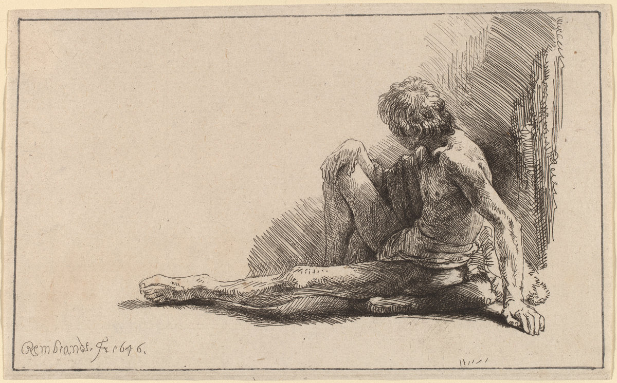 Nude Man Seated on the Ground with One Leg Extended by Rembrandt van Rijn (Dutch, 1606 - 1669), 16X12"(A3)Poster Print