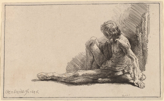 Nude Man Seated on the Ground with One Leg Extended by Rembrandt van Rijn (Dutch, 1606 - 1669), 16X12"(A3)Poster Print