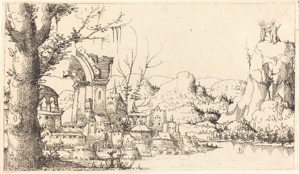 River Landscape with the Temptation of Christ by Augustin Hirschvogel (German, 1503 - 1553), 16X12"(A3)Poster Print