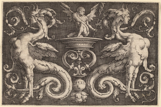 Ornament with Two Sphinxes and a Winged Man by Lucas van Leyden (Netherlandish, 1489/1494 - 1533), 16X12"(A3)Poster Print