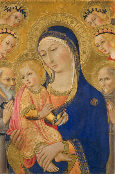 Madonna and Child with Saint Jerome, Saint Bernardino, and Angels by Sano di Pietro (Italian, 1405 - 1481), 16X12"(A3)Poster Print