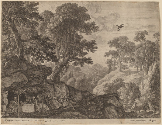 Saints Paul and Anthony by the Entrance to a Cave by Herman van Swanevelt (Dutch, c. 1600 - 1655), 16X12"(A3)Poster Print