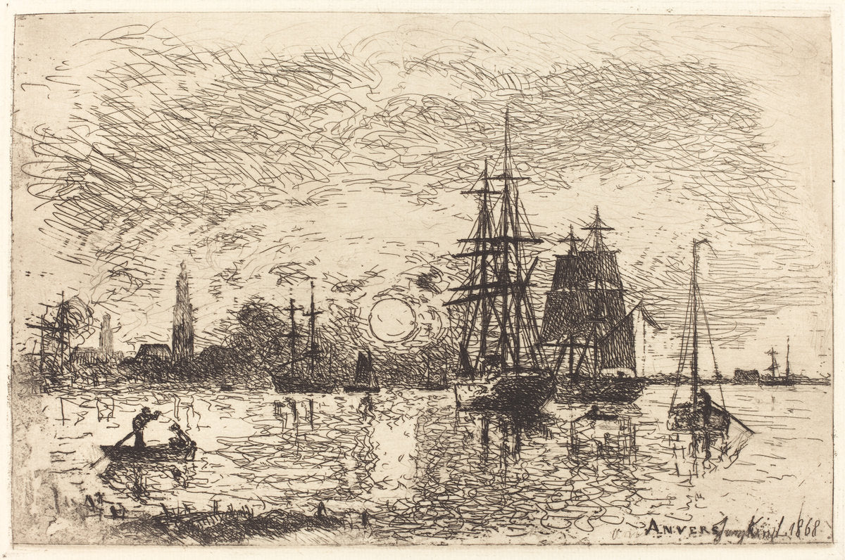 Soleil couchant, port d'Anvers (Sunset, Port of Antwerp) by Johan Barthold Jongkind (Dutch, 1819 - 1891), 16X12"(A3)Poster Print