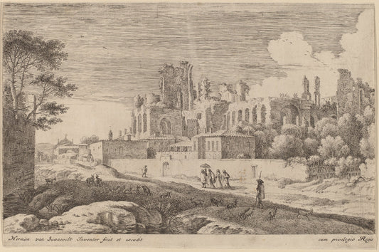 Landscape with Ruins and a Woman with a Parasol by Herman van Swanevelt (Dutch, c. 1600 - 1655), 16X12"(A3)Poster Print