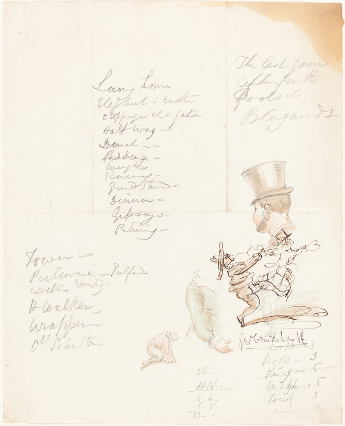 Sketches of Head, Arm, and Kneeling Figure by George Cruikshank (British, 1792 - 1878), 16X12