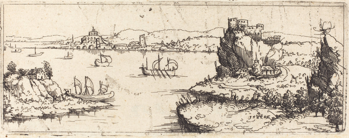 Landscape with Sail Boats [bottom plate] by Augustin Hirschvogel (German, 1503 - 1553), 16X12"(A3)Poster Print