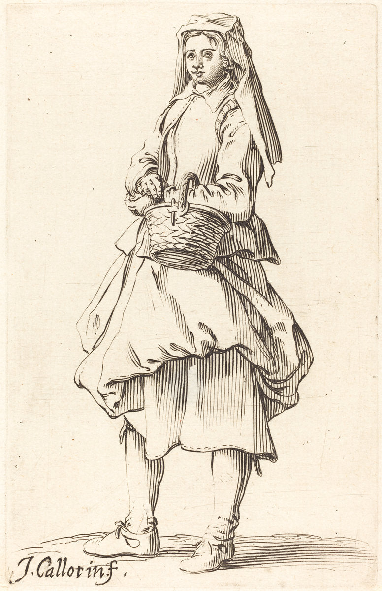Peasant Woman with Basket, Facing Left by Israel Henriet after Jacques Callot (French, c. 1590 - 1661), 16X12"(A3)Poster Print