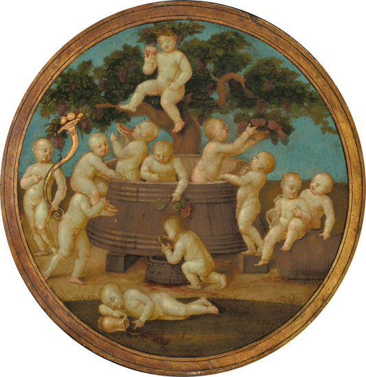 c. 1500 by Follower of Raphael (Putti with a Wine Press), 16X12"(A3)Poster Print