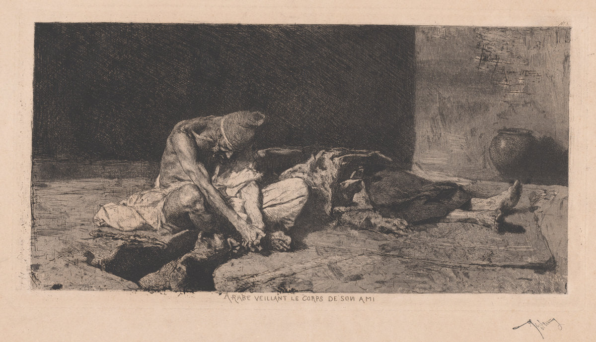Arabe veillant le corps de son ami (Arab Watching over the Body of His Friend) by Mariano Fortuny y Carbó (Spanish, 1838 - 1874), 16X12"(A3)Poster Print
