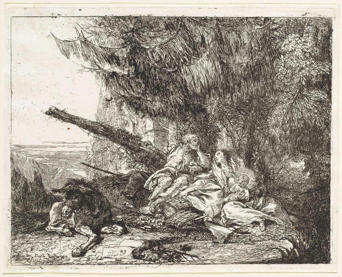 The Rest on the Flight, with Holy Family under a Tree by Giovanni Domenico Tiepolo (Venetian, 1727 - 1804), 16X12"(A3)Poster Print