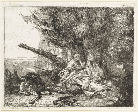 The Rest on the Flight, with Holy Family under a Tree by Giovanni Domenico Tiepolo (Venetian, 1727 - 1804), 16X12"(A3)Poster Print