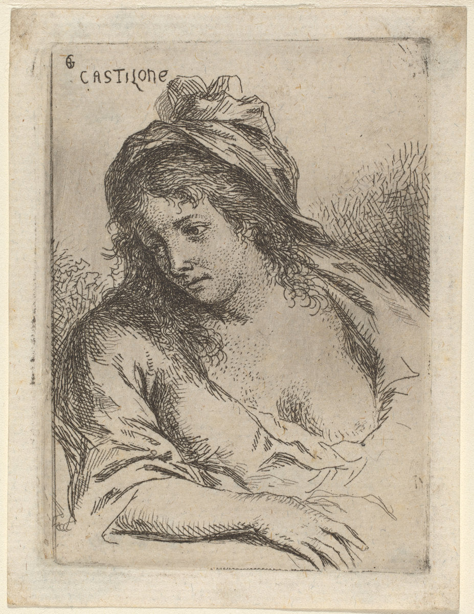 Half-Length Figure of a Woman Looking Sideward by BartholomŠus Ignaz Weiss (in the manner of Giovanni Benedetto Castiglione) (German, 1740 - 1814), 16X12"(A3)Poster Print