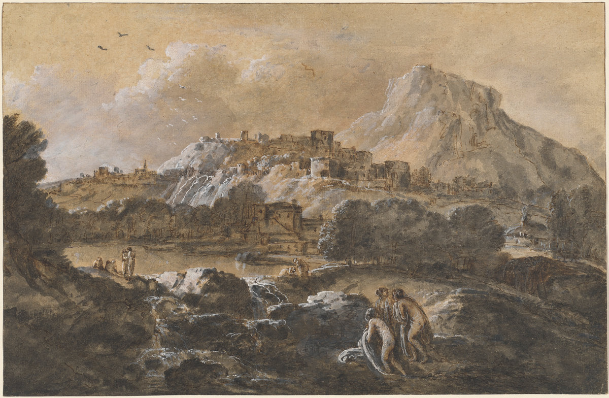Mountainous River Landscape with Bathers by Francesco Zuccarelli (Venetian, 1702 - 1788), 16X12"(A3)Poster Print