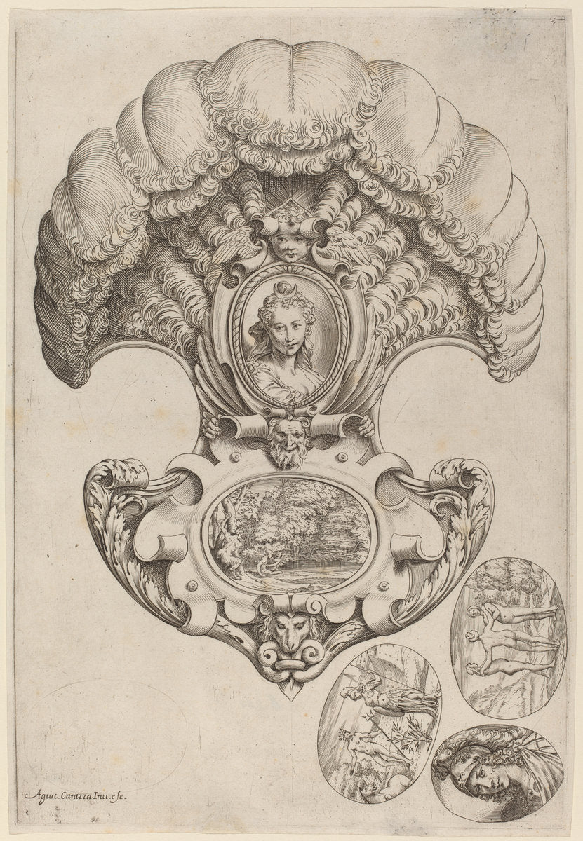 A Headpiece in the Form of a Fan by Agostino Carracci (Italian, 1557 - 1602), 16X12"(A3)Poster Print