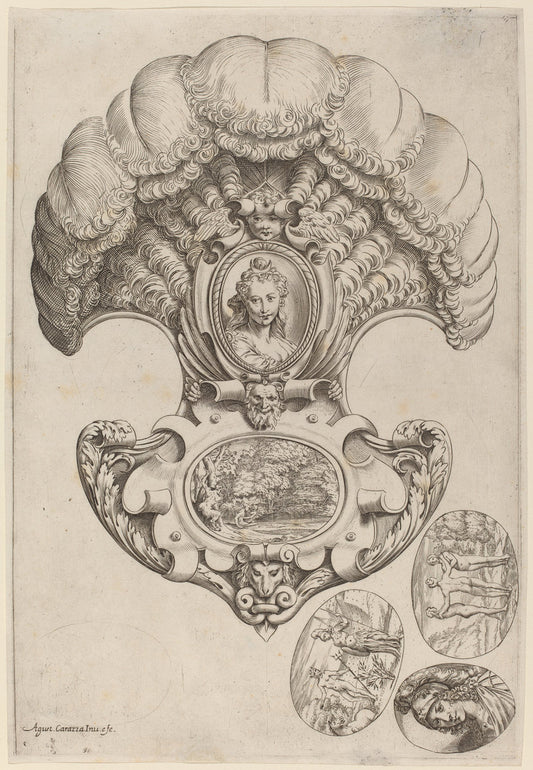 A Headpiece in the Form of a Fan by Agostino Carracci (Italian, 1557 - 1602), 16X12"(A3)Poster Print