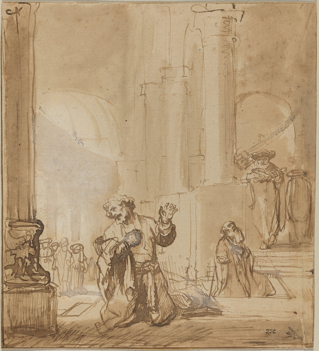 1645/1655 by Studio of Rembrandt van Rijn (The Parable of the Publican and the Pharisee), 16X12"(A3)Poster Print