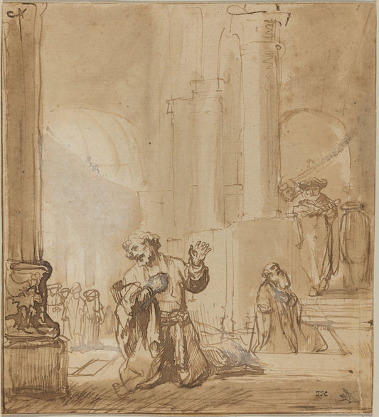 1645/1655 by Studio of Rembrandt van Rijn (The Parable of the Publican and the Pharisee), 16X12"(A3)Poster Print