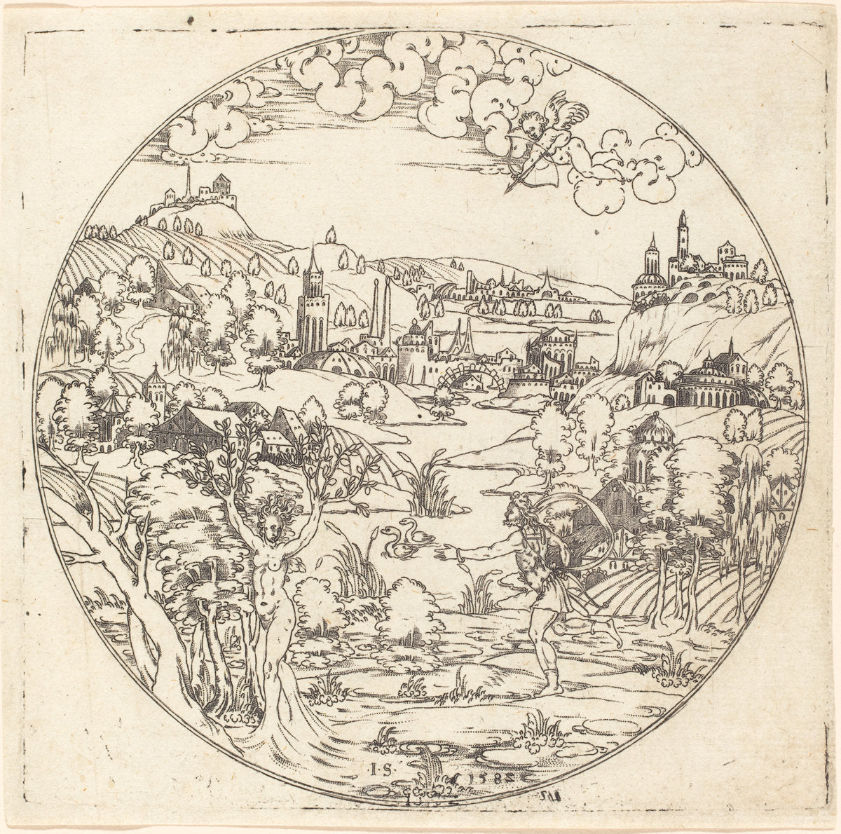Apollo and Daphne by Master IS. (German, active c. 1581/1590), 16X12"(A3)Poster Print