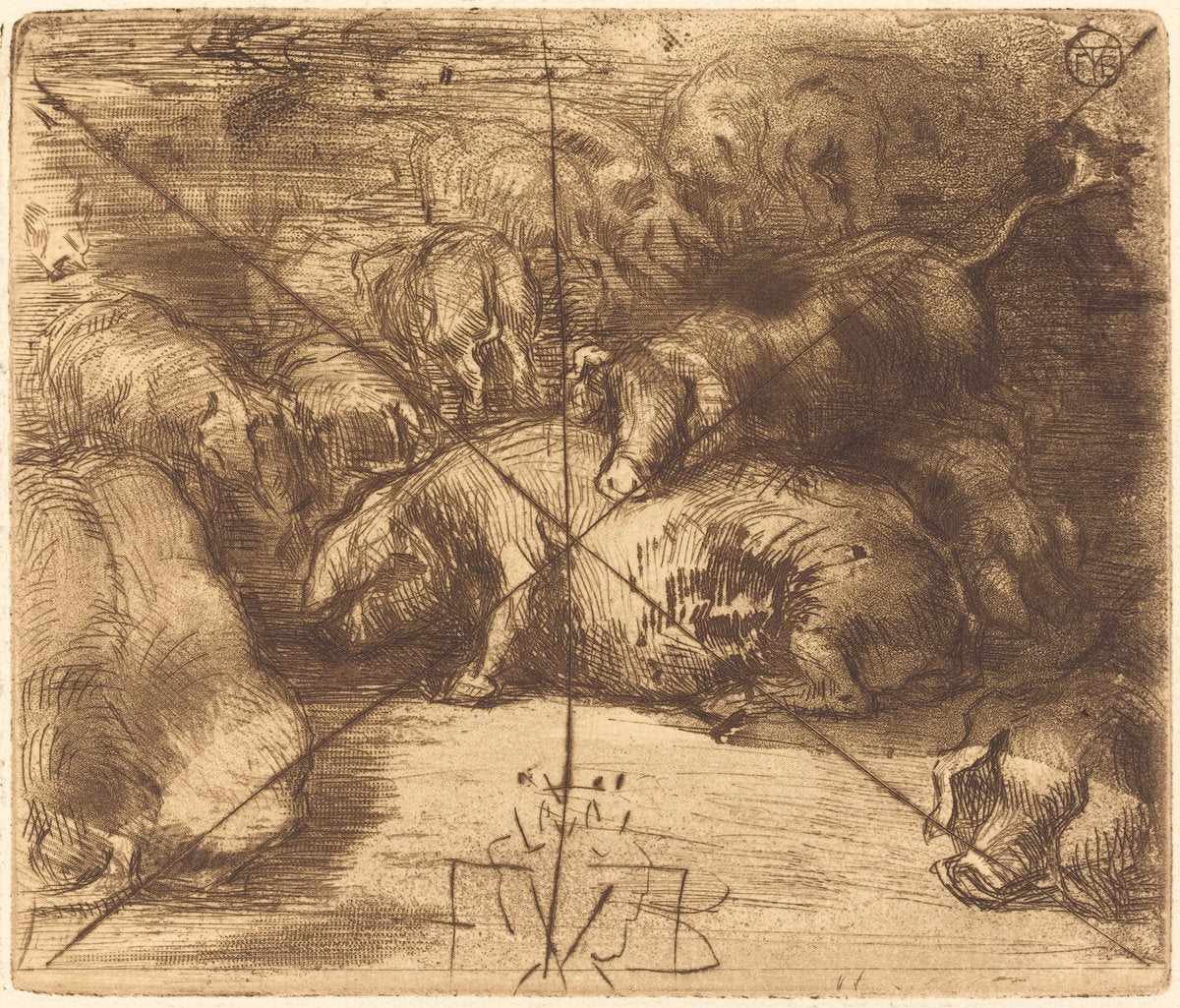 Cochons au Soleil (Pigs in the Sun) by Félix-Hilaire Buhot (French, 1847 - 1898), 16X12"(A3)Poster Print