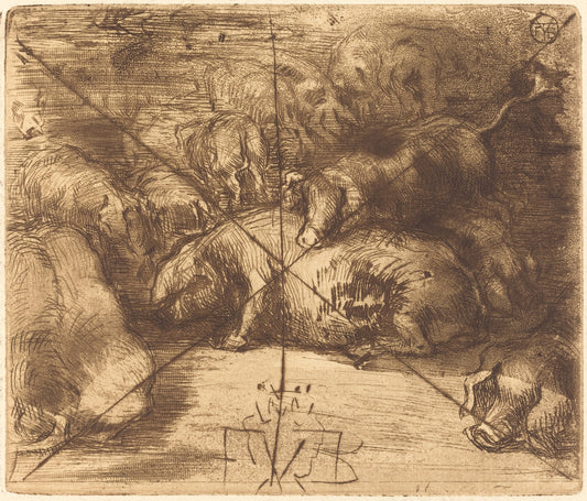 Cochons au Soleil (Pigs in the Sun) by Félix-Hilaire Buhot (French, 1847 - 1898), 16X12"(A3)Poster Print