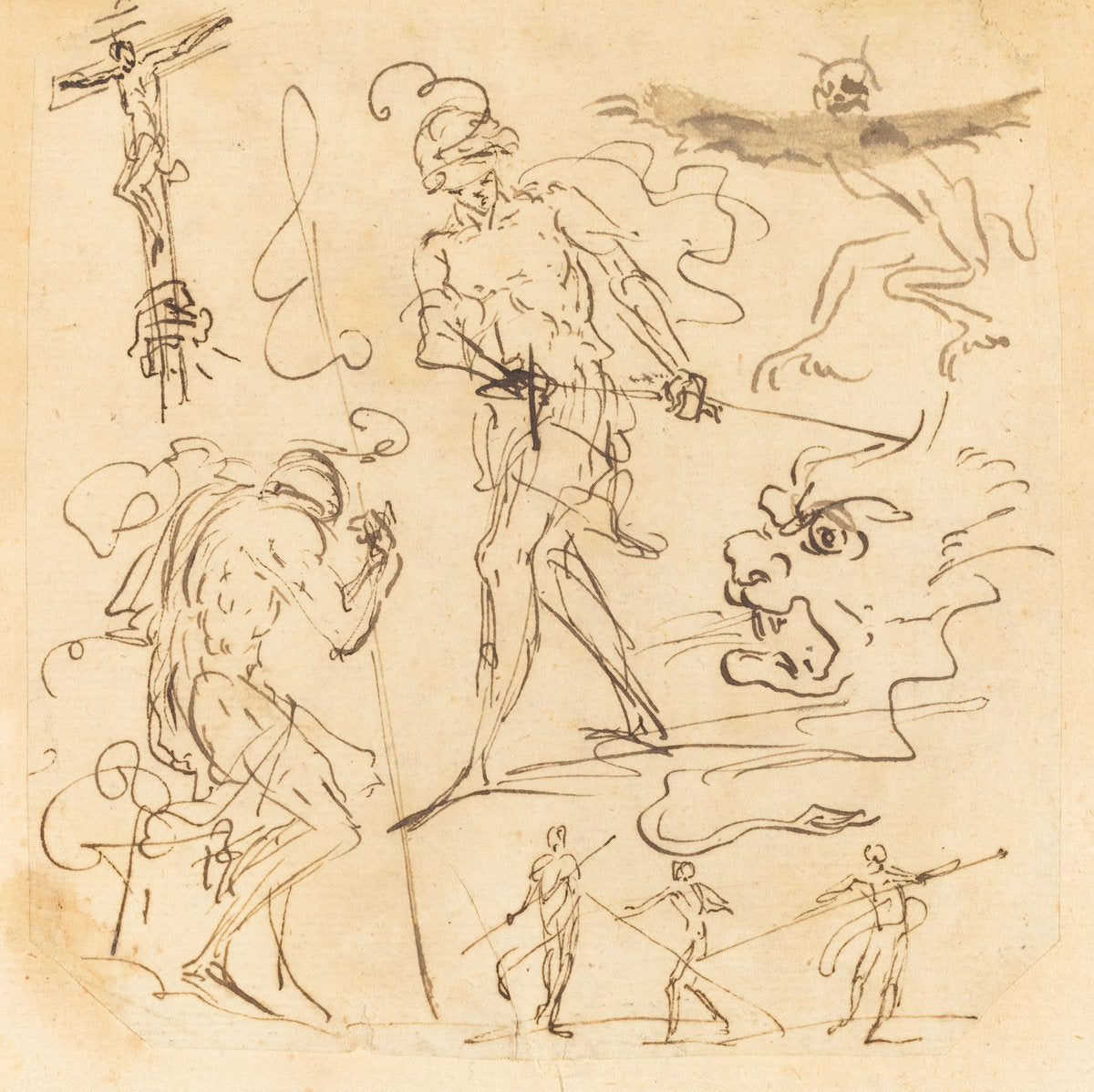 pen and brown ink on laid paper by Neapolitan 17th Century (Sheet of Studies with a Soldier Drawing a Sword, a Crucifix, Monstrous Animals, and Other Figures), 16X12"(A3)Poster Print