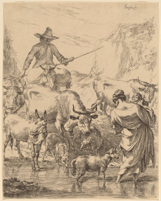Herd Crossing the Brook by Nicolaes Pietersz Berchem (Dutch, 1620 - 1683), 16X12"(A3)Poster Print