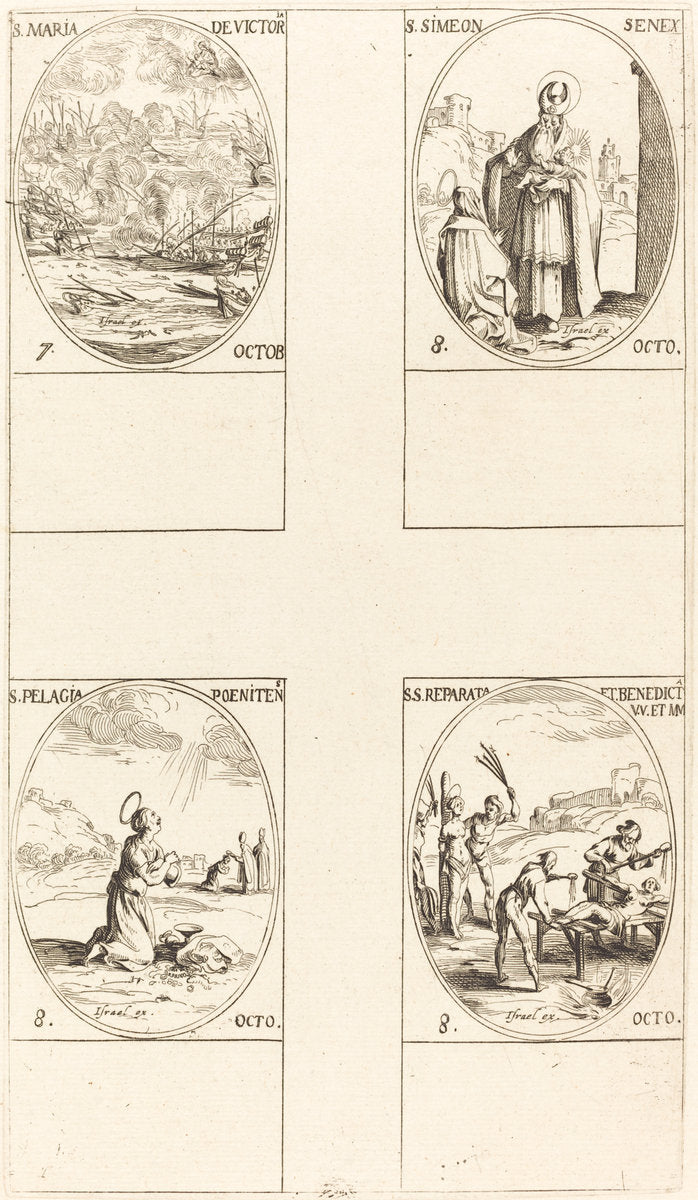 St. Mary of Victory; St. Simeon, Prophet;  St. Pelagia; Sts. Reparata and Benedicta by Jacques Callot (French, 1592 - 1635), 16X12"(A3)Poster Print