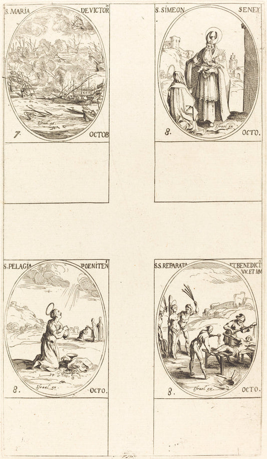St. Mary of Victory; St. Simeon, Prophet;  St. Pelagia; Sts. Reparata and Benedicta by Jacques Callot (French, 1592 - 1635), 16X12"(A3)Poster Print