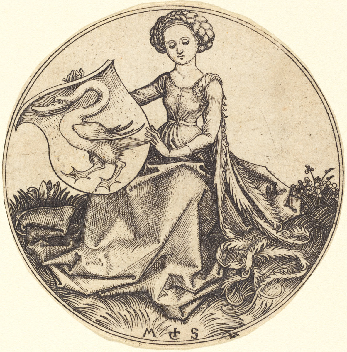 Shield with Swan, Held by Woman by Martin Schongauer (German, c. 1450 - 1491), 16X12"(A3)Poster Print