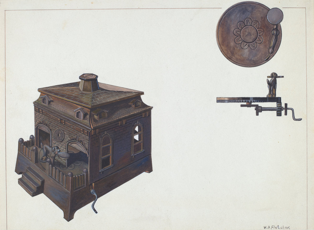 Toy Bank: Building and Revolving Dog by William O. Fletcher (American, active c. 1935), 16X12"(A3)Poster Print