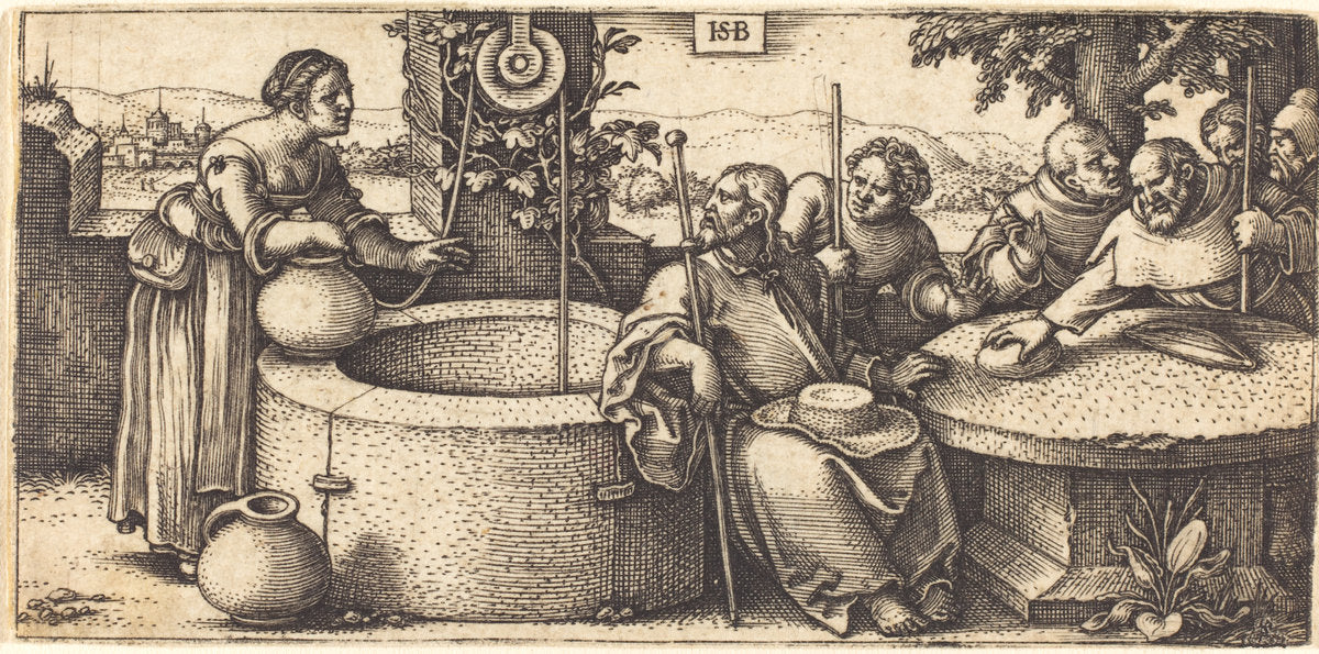 Christ and the Woman of Samaria by Sebald Beham (German, 1500 - 1550), 16X12"(A3)Poster Print