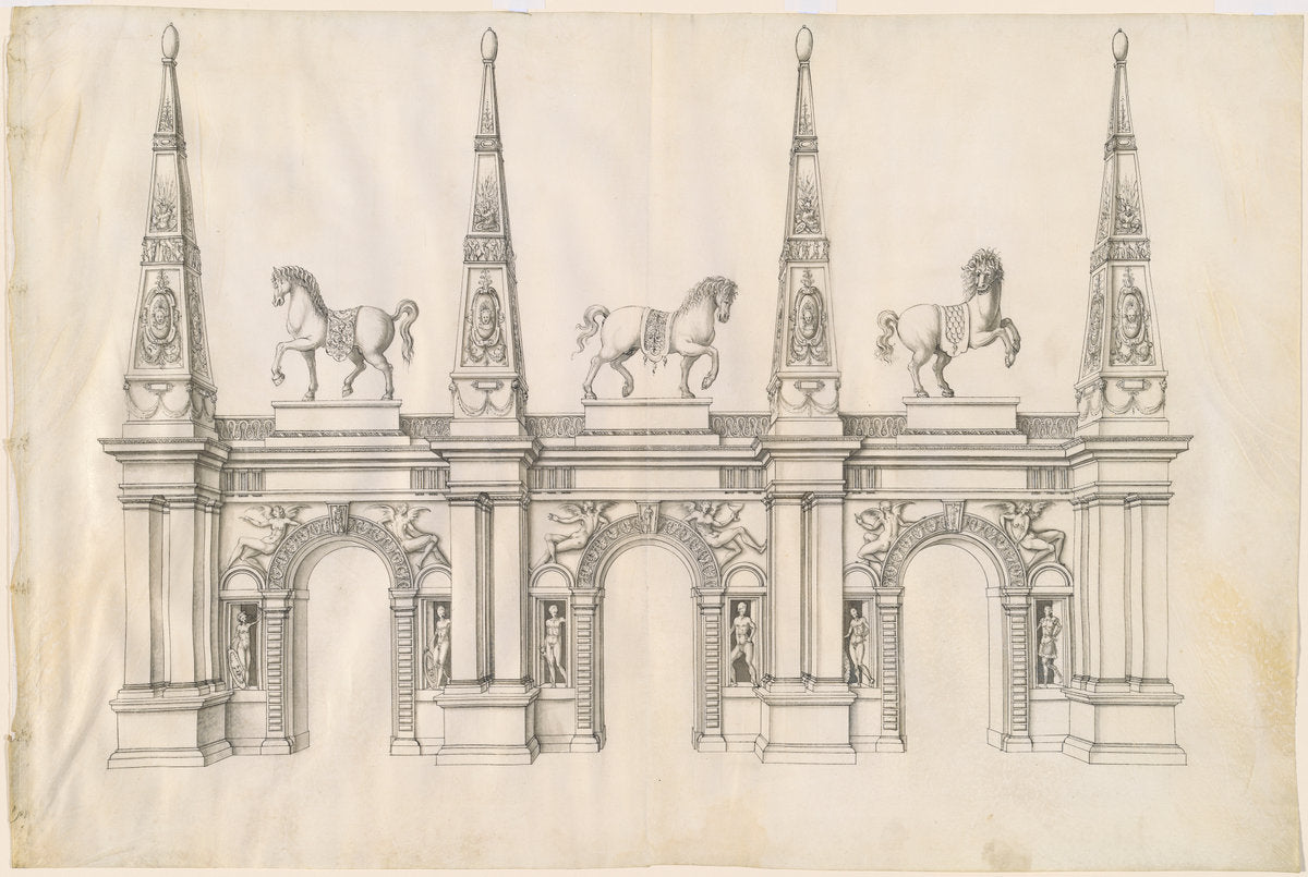 A Triumphal Arch with Caparisoned Horses and Ornamented Pinnacles by Jacques Androuet Ducerceau I (French, 1520 - 1585/1586), 16X12"(A3)Poster Print