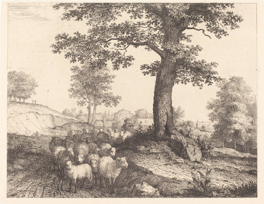 Shepherd and Flock under an Ancient Tree by Florian Grospietsch (German, 1789 - 1830), 16X12"(A3)Poster Print