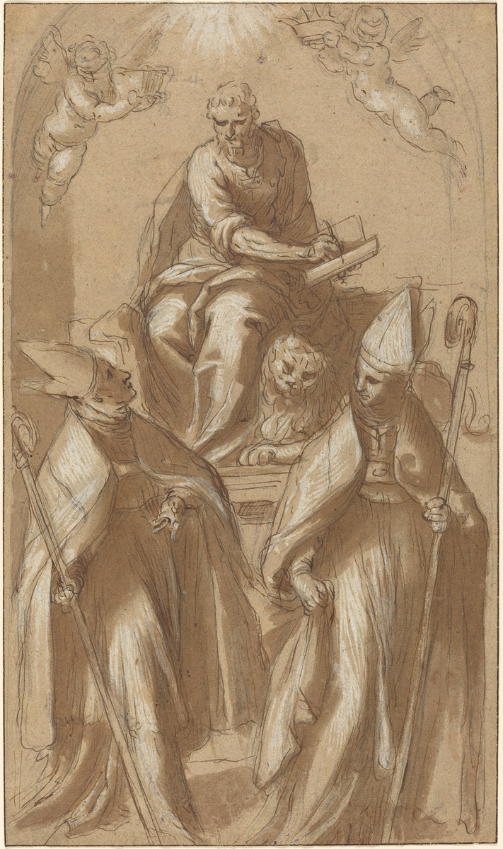 Saint Mark with Two Bishops and Putti by Attributed to Jacopo Palma il Giovane (Venetian, 1544 or 1548 - 1628), 16X12"(A3)Poster Print