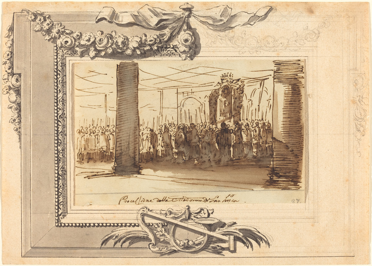 pen and brown ink with brown wash over graphite on wove paper, tipped down on another sheet with a border drawn in pen and black in, graphite and gray wash by French 18th Century (A Procession of the Madonna di San Luca), 16X12"(A3)Poster Print