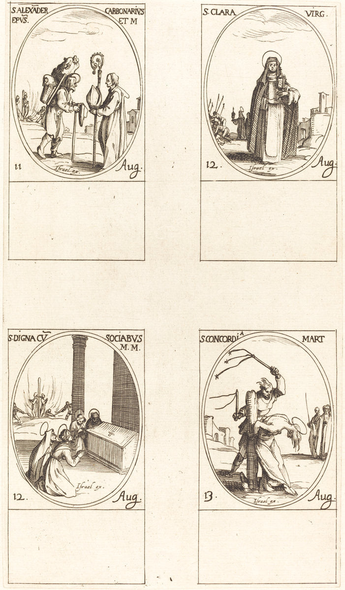 St. Alexander Carbonarius; St. Clare; St. Digna and Companions; St. Concordia by Jacques Callot (French, 1592 - 1635), 16X12"(A3)Poster Print