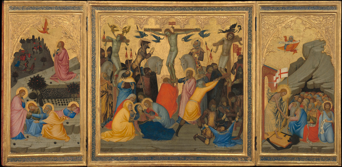 Scenes from the Passion of Christ: The Agony in the Garden, the Crucifixion, and the Descent into Limbo [entire triptych] by Andrea Vanni (Sienese, c. 1330 - 1413), 16X12"(A3)Poster Print