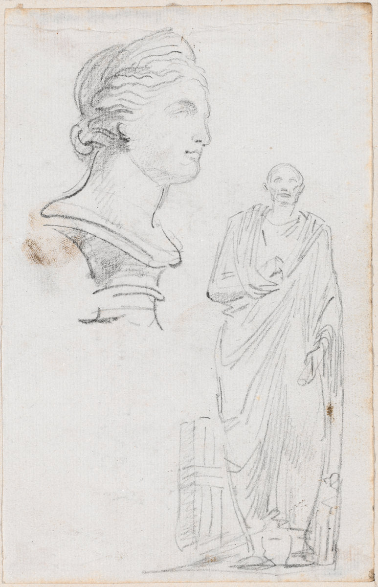 Bust of a Roman Woman and Statue of a Roman Man by Hubert Robert (French, 1733 - 1808), 16X12"(A3)Poster Print