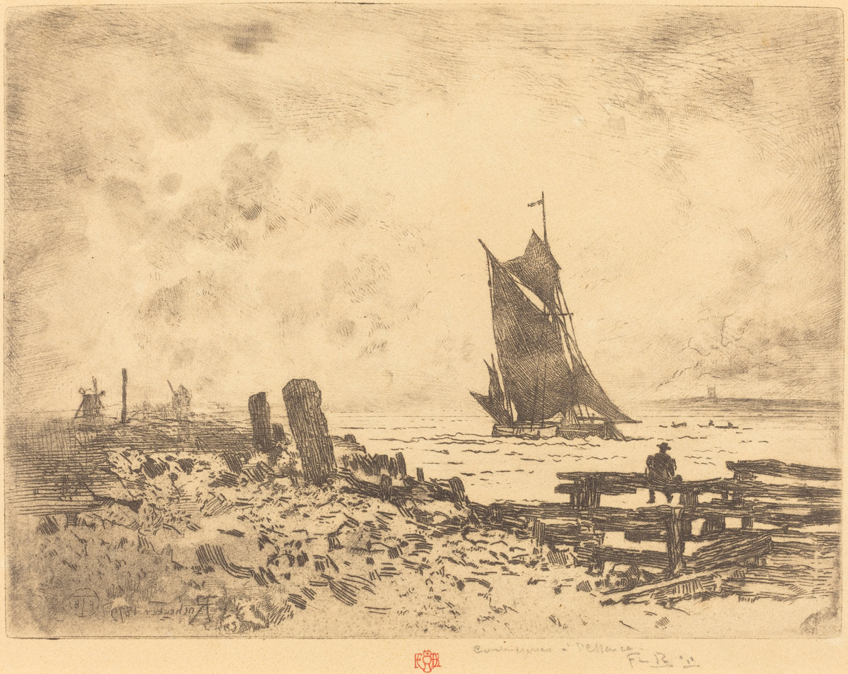 La Petite Marine - Souvenir de Medway (counterproof) by Félix-Hilaire Buhot (French, 1847 - 1898), 16X12"(A3)Poster Print