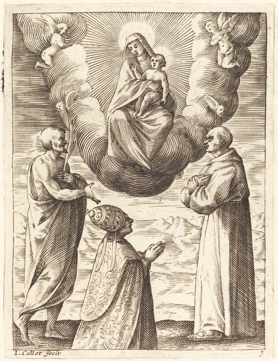 Boniface VIII with Saints Francis and Crispin Adoring the Virgin and Child by Jacques Callot (French, 1592 - 1635), 16X12"(A3)Poster Print