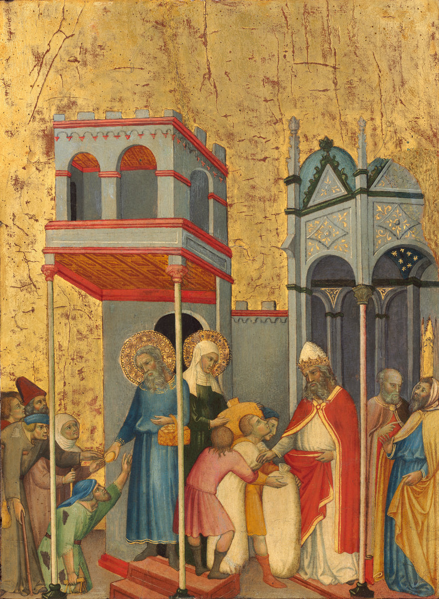 Joachim and Anna Giving Food to the Poor and Offerings to the Temple by Andrea di Bartolo (Sienese, active  from 1389 - died 1428), 16X12"(A3)Poster Print