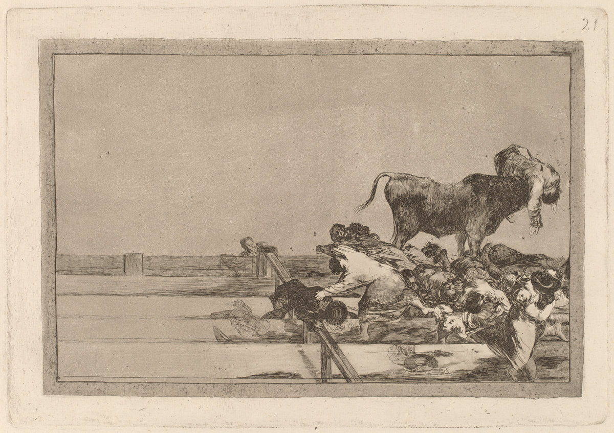 Desgracias acaecidas en el tendido de la plaza de Madrid, y muerte del alcalde de Tor rejon (Dreadful events in the Front Rows of the Ring at Madrid and Death of the Mayor of Torrejon) by Francisco de Goya (Spanish, 1746 - 1828), 16X12"(A3)Poster Print