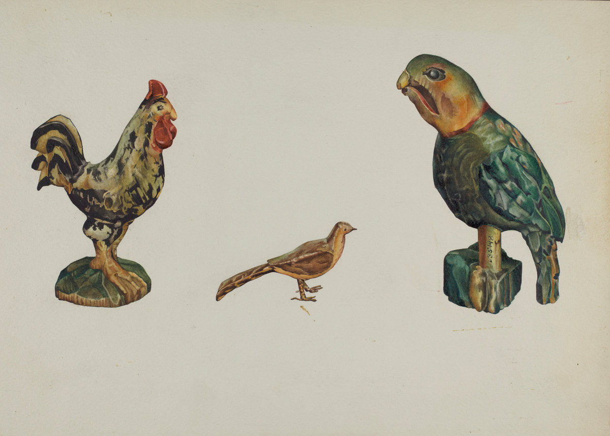 Wooden Rooster, Pheasant, and Parrot by Victor F. Muollo (American, active c. 1935), 16X12"(A3)Poster Print