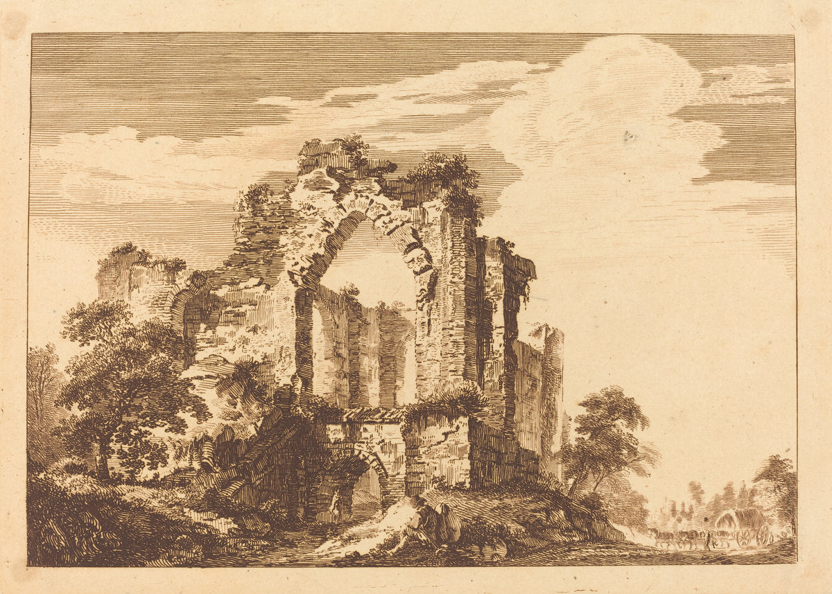 Ruins with a Seated Man, and a Covered Wagon in the Distance by Paul Sandby (British, 1731 - 1809), 16X12"(A3)Poster Print
