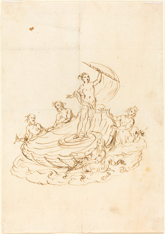 pen and brown ink over black chalk on laid paper by Italian 17th Century (A Design for a Saltcellar), 16X12"(A3)Poster Print